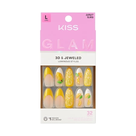 Kiss Glam 3D & Jeweled Long Almond Press-On Nails, Yellow, 32 Pieces