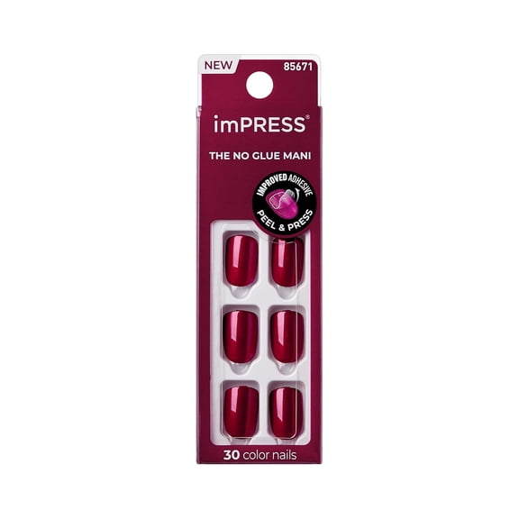 KISS No Glue Mani Press On Nails, Color, 'Red Velvet', Red, Short Size, Squoval Shape, Includes 30 Nails, Prep Pad, Instructions Sheet, 1 Manicure Stick, 1 Mini File