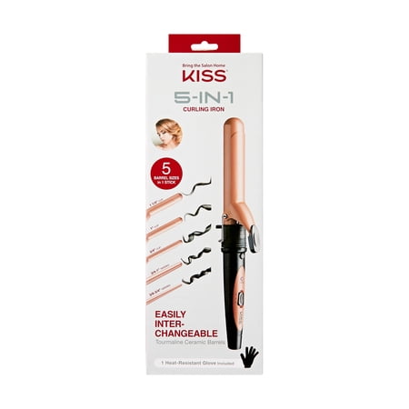KISS USA 5-in-1 Tourmaline Ceramic Spring Hair Curling Iron with Interchangeable Barrels, Rose Gold