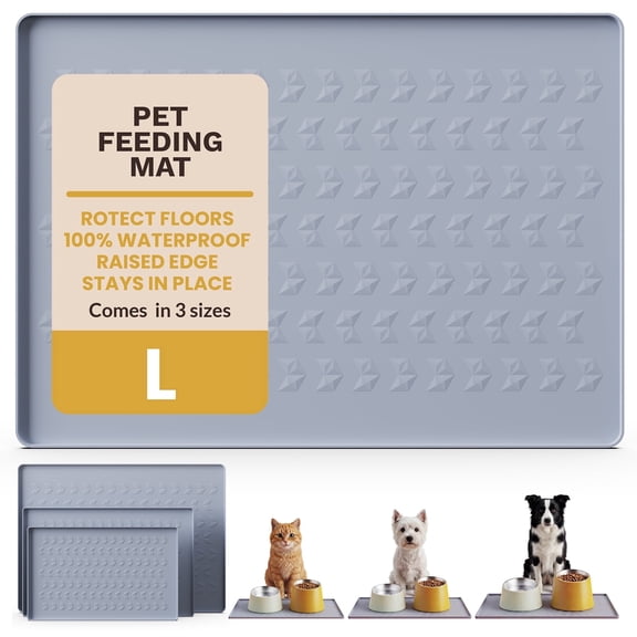 KISS KING Silicone Pet Feeding Mat, 100% Waterproof, Raised Edge Spill Protection, 28"x20", Grey