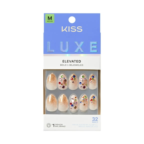 KISS LUXE Press On Nails Almond, Golden Field, Gold, Medium, 32 Count