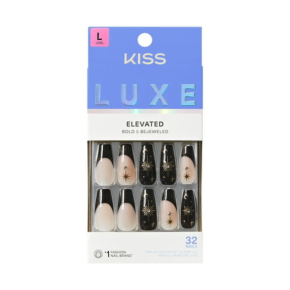 KISS LUXE Press On Nails, Luna Ivy, Black, Long Coffin, 32 Count