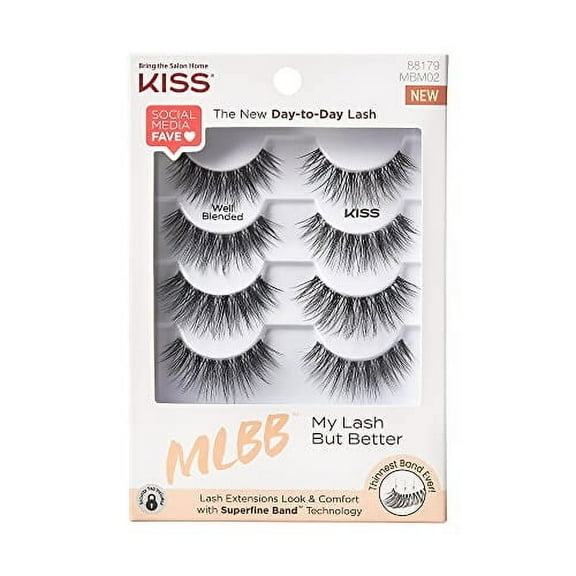 KISS My Lash But Better False Eyelashes, Well Blended', 16 mm, Includes 4 Pairs Of Lashes, Contact Lens Friendly, Easy to Apply, Reusable Strip Lashes