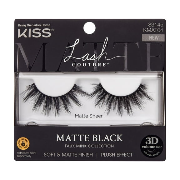 KISS Lash Couture 3D Matte Black Faux Mink, False Eyelashes, Matte Sheer, 16 mm, 1 Pair