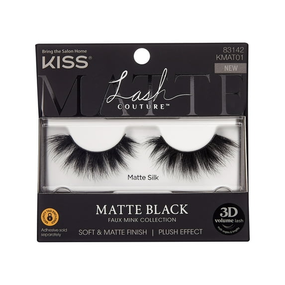 KISS Lash Couture Faux Mink 3D Matte Black, False Eyelashes, Matte Silk, 14mm, 1 Pair