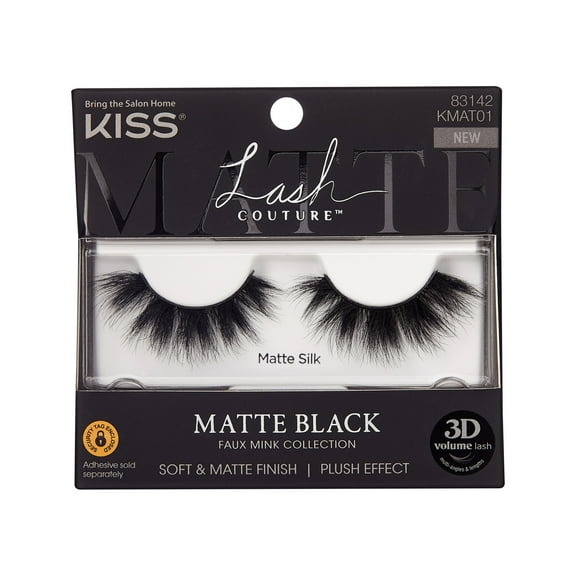 KISS Lash Couture Faux Mink 3D Matte Black, False Eyelashes, Matte Silk, 14mm, 1 Pair
