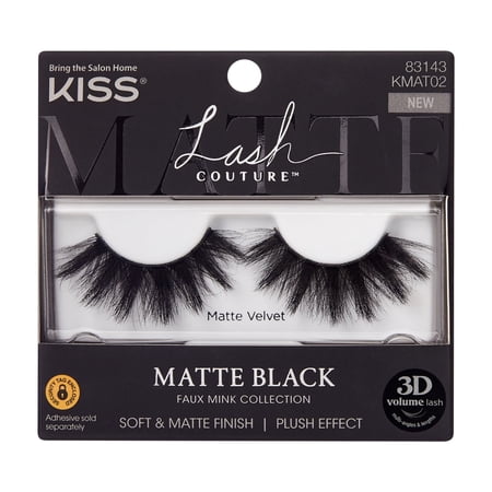 KISS Lash Couture Matte Black Faux Mink False Eyelashes, Strip Lashes, Matte Velvet, Black, 1 Pair