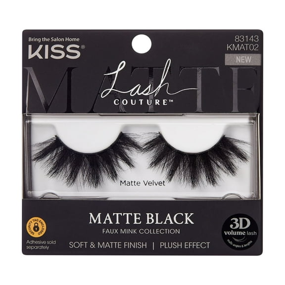 KISS Lash Couture Matte Black Faux Mink False Eyelashes, Strip Lashes, Matte Velvet, Black, 1 Pair