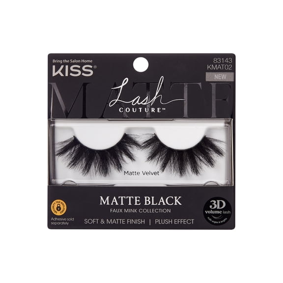 Kiss Lash Couture 16mm Matte Black Faux Mink False Eyelashes, Matte Velvet, Strip Lashes, Black, 1 Pair
