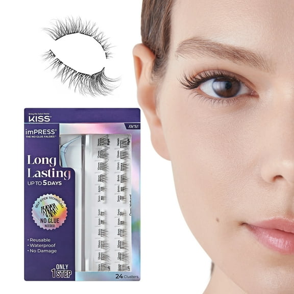 KISS imPRESS Long Lasting Self Adhesive Eyelashes, Demi Natural, 5mm-14mm, 24 Lash Clusters
