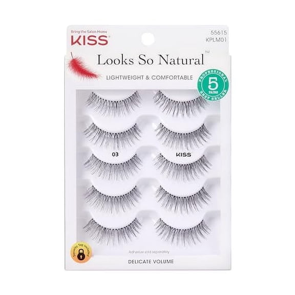 KISS Look So Natural False Eyelashes Multipack 03, Cruelty Free, Vegan, Contact Lens Friendly, Easy to Apply, Includes 5 Pairs of Reusable Strip Lashes