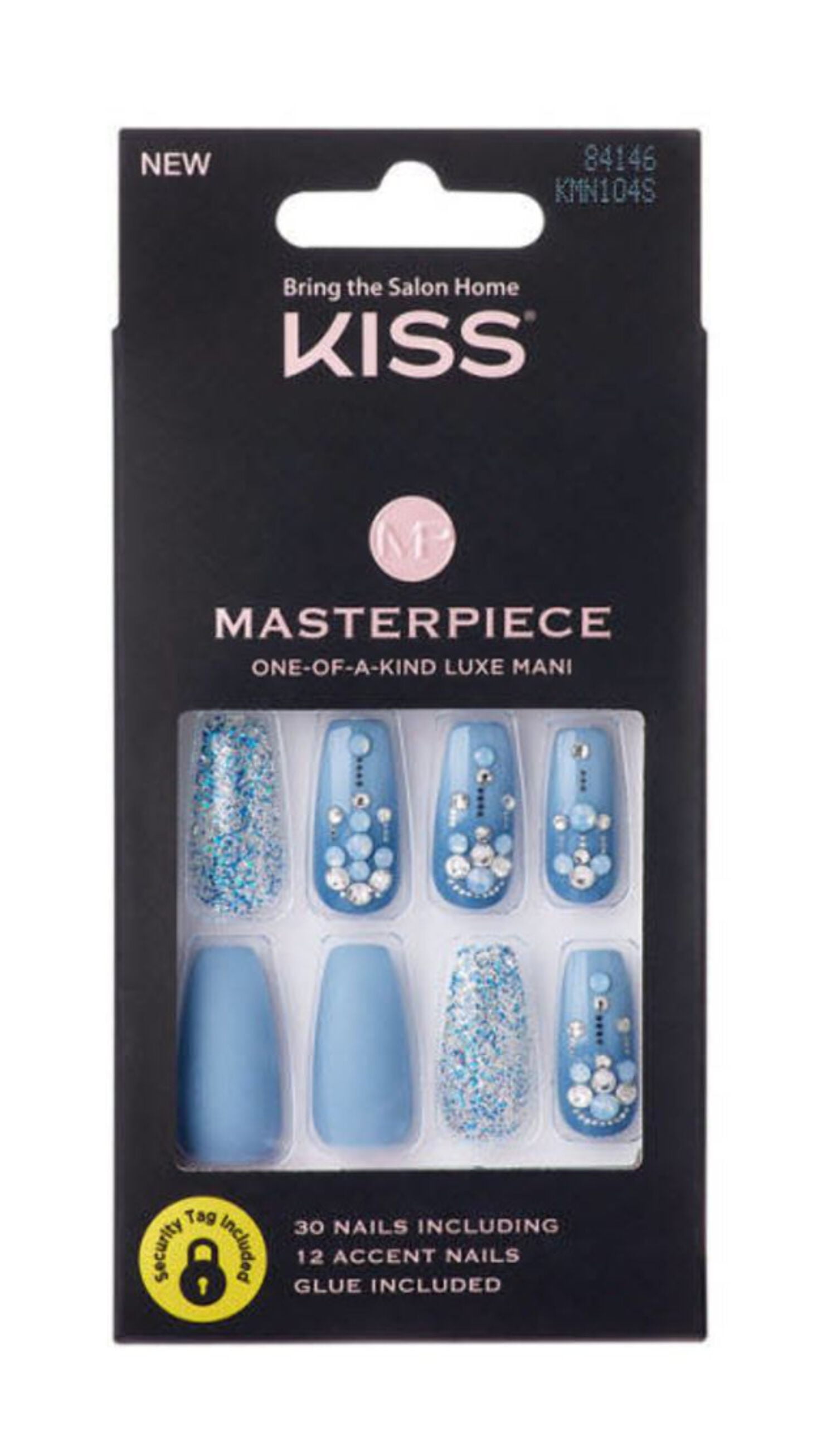 KISS Masterpiece One-Of-A-Kind Luxe Mani, Long Length, Premium Acrylic Fake Nails, Style Cruise Party, with Pink Gel Nail Glue, Manicure Stick, Mini File, & 30 False Nails Including 12 Accent Nails
