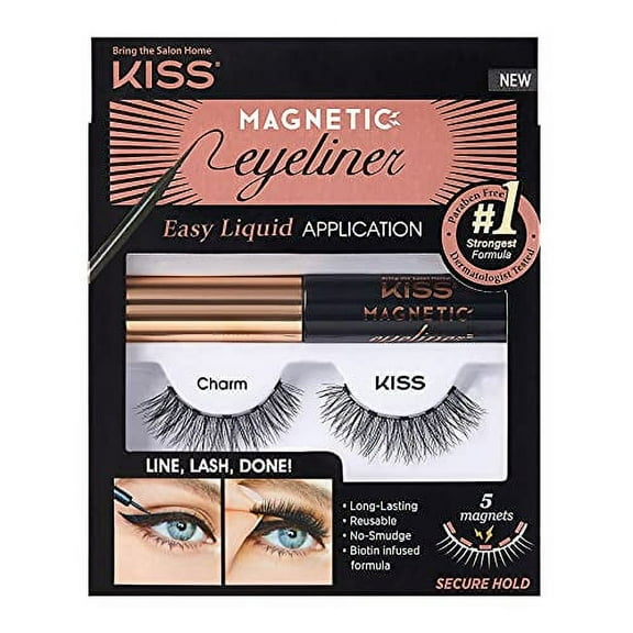 KISS Magnetic Eyeliner & Lash Kit, Charm, 1 Pair of Synthetic False Eyelashes, 1 Ea