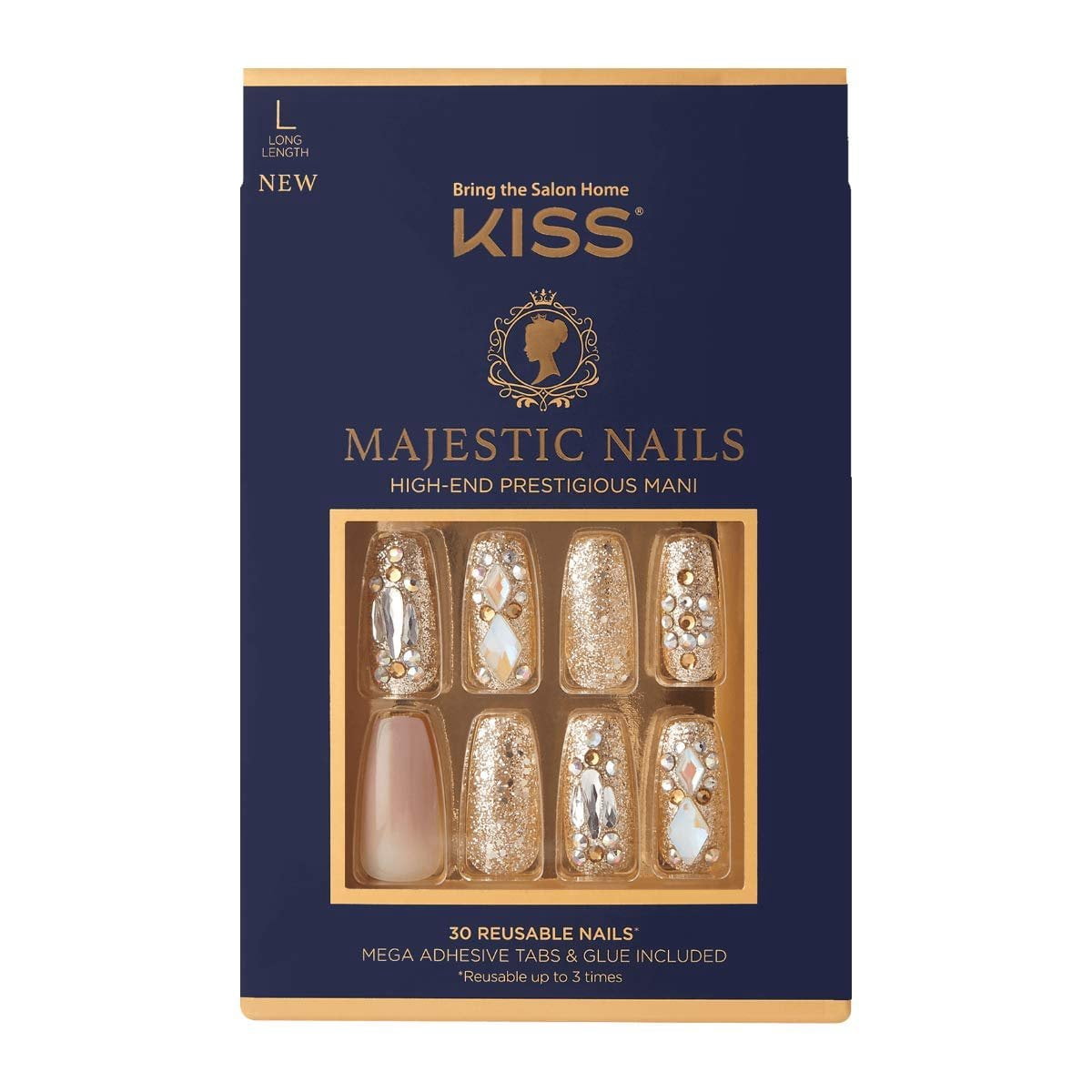 KISS Majestic Fake Nails, My Crown, High-End Gel Nails, 30 Reusable Long Length Coffin Shaped Glue-On & Press-On Jeweled Accent Glue On Nails