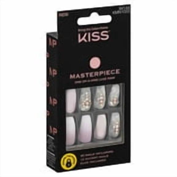KISS Masterpiece One-Of-A-Kind Luxe Mani, Long Length, Premium Acrylic Fake Nails, Style Roses And Gold, with Gel Nail Glue, Manicure Stick, Mini File, & 30 False Nails Including 12 Accent Nails