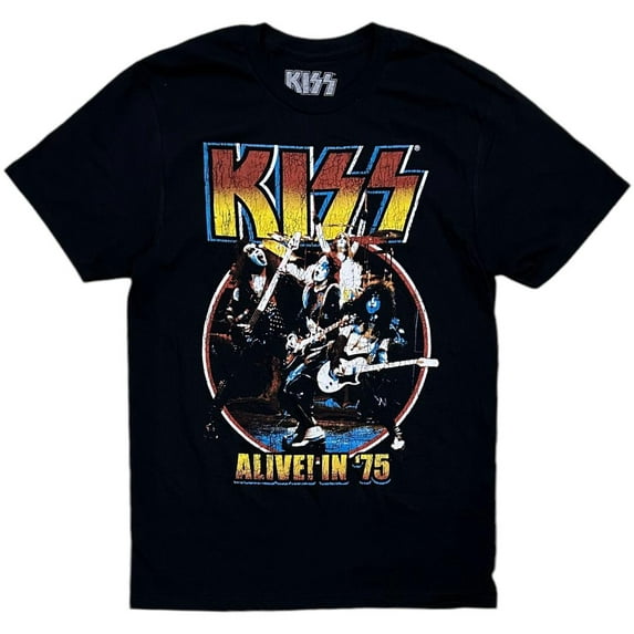 KISS Men's T-Shirt Genuine Merch Vintage Alive In 1975 Tour Distressed Print Tee (Small, Black)