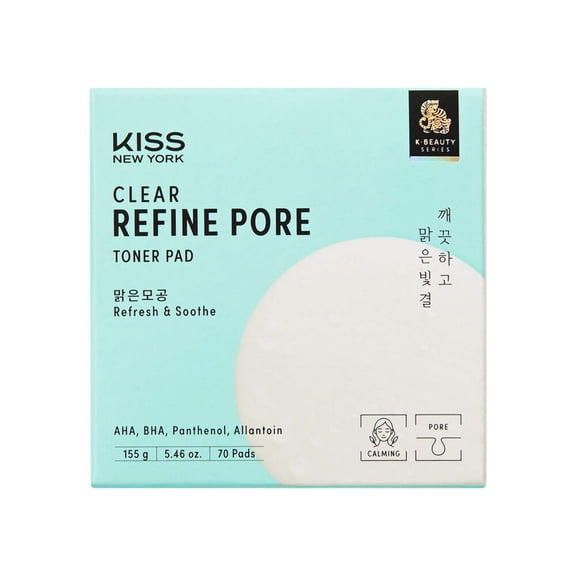 KISS NEW YORK Clear Refine Pore Toner Pads, Dual-Textured Facial Pore Pad Gently Exfoliates & Deeply Hydrates with AHA BHA Panthenol & Allantoin, Korean Skincare Soothes Sensitive Skin, 70 Count