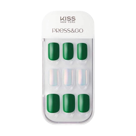 KISS NEW YORK Press&Go Press-On Manicure Fake Nails, Green Chrome Short Squoval Nail Kit, One Step No-Glue Mani with Airfit Technology, Includes Prep Pad, Mini File, Manicure Stick, 30 Pcs,12 Sizes