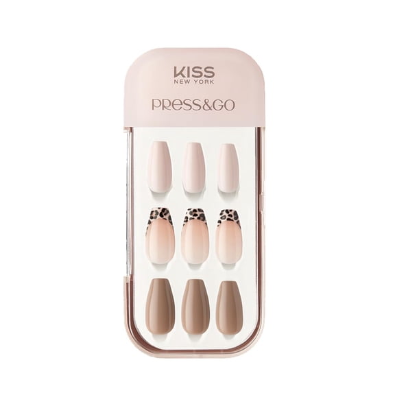 KISS NEW YORK Press&Go Press-On Manicure Fake Nails, Nude Beige Leopard French Tip Medium Coffin Nail Kit, One-Step No-Glue Mani, Includes Prep Pad, Mini File, Manicure Stick, 30 Pcs, 12 Sizes