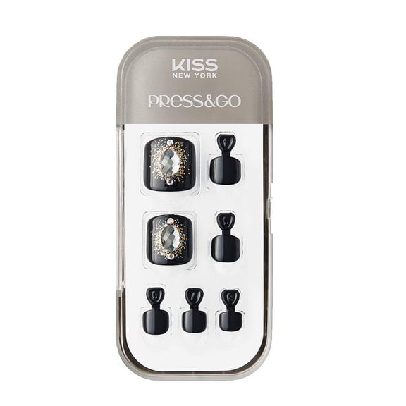 KISS NEW YORK Press&Go Press-On Pedicure Fake Toenails, Black Rhinestone Gold Glitter Toe Nail Kit, One-Step No-Glue Pedi, Includes Prep Pad, Mini File, Manicure Stick, 24 Nails, Easy Application