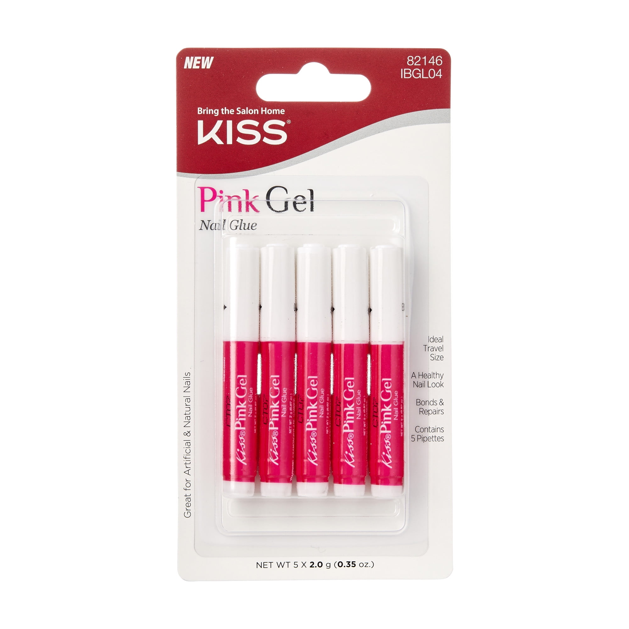 KISS Pink Gel Nail Glue for Artificial & Natural Nails, 2.0g/0.07 oz. per tube - 5 Pieces