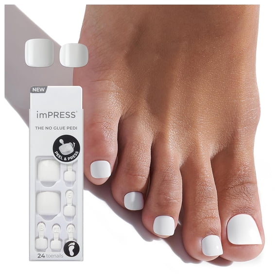 KISS Pedicure Press On Toenails, 'Angel Vibes', White, Short Squoval, Pedicure Nail Kit Includes 24 Press On Toenails, Prep Pad, Mini Nail File, & Pedicure Stick