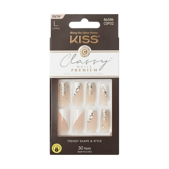KISS Classy Premium Press on Nails, Gorgeous, Beige, Long Square, 30 Count