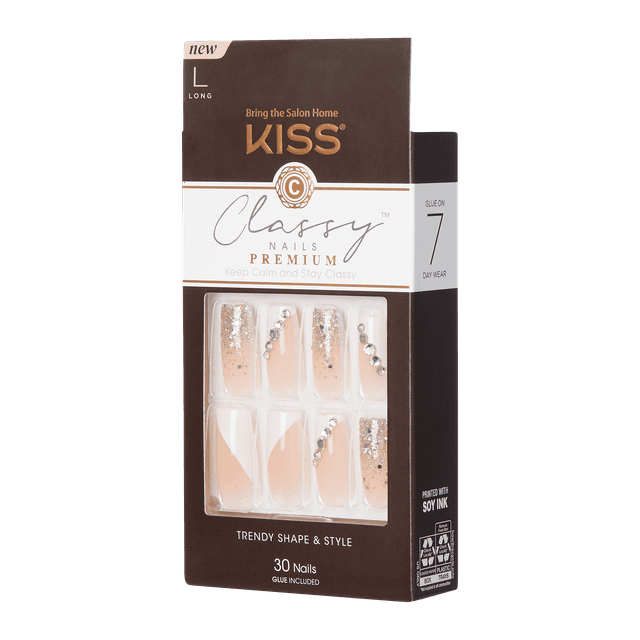 KISS Premium Classy Press-On Nails, Glittery French Tips, X-Long, Coffin Shape, 33 Ct