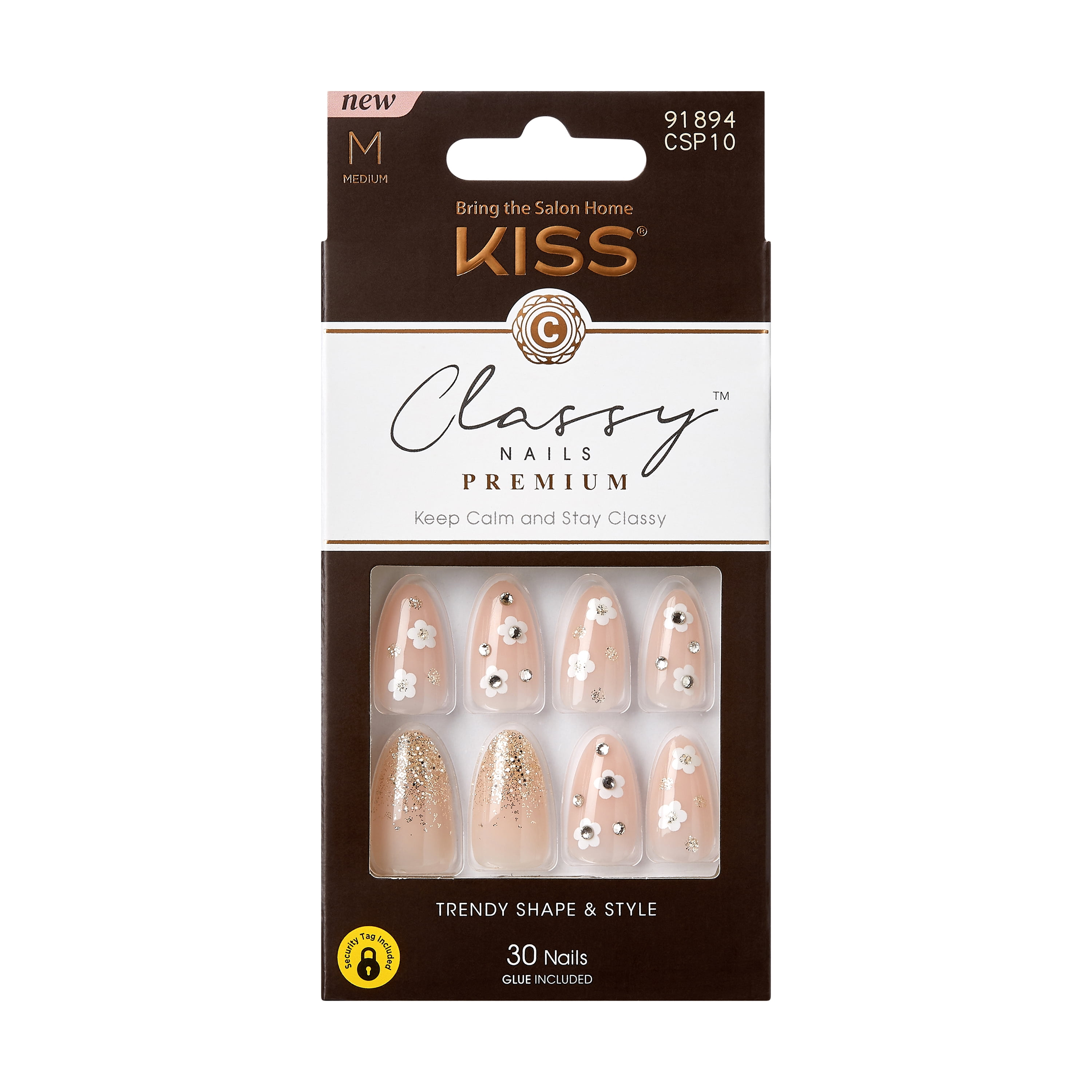 KISS Classy Premium, Press On Nails, Gleamin, White, Medium Almond, 30 Count