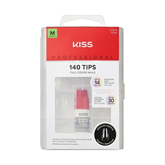 KISS Professional Full Cover Press On Nails, Luminous, White, Medium Coffin, 140 Count