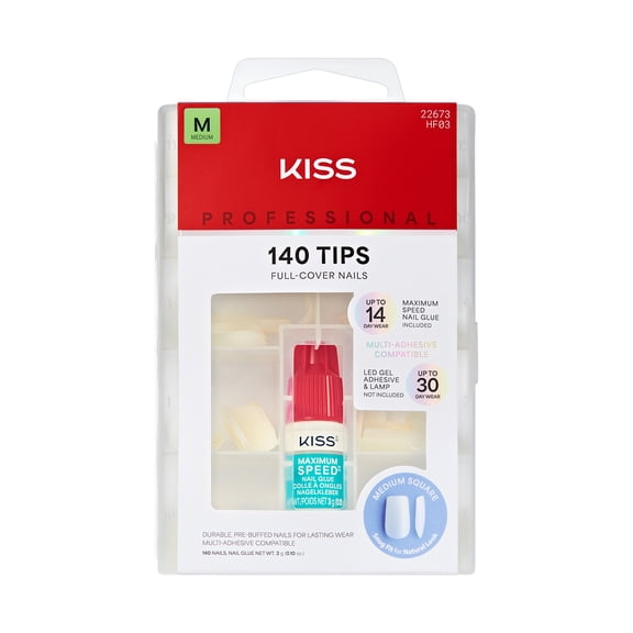 KISS Professional Full Cover Press On Nails, Absolutes, White, Medium Square, 140 Count