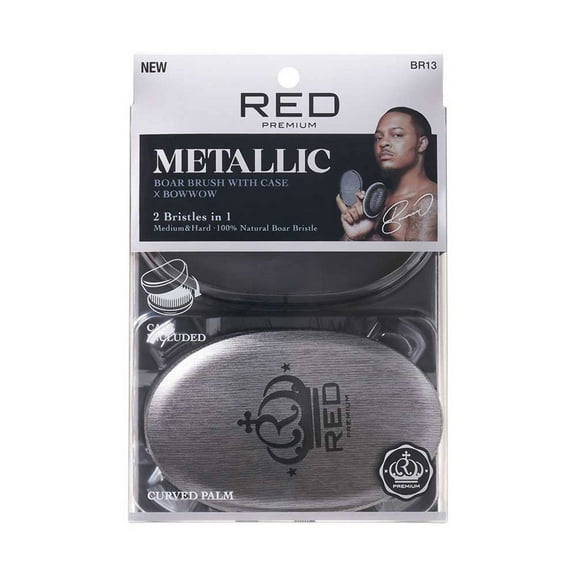 Red by Kiss Premium Boar Bristles Brush Pocket Wave Brush with Case Bow Wow 360 Wave Brush for Men Medium Hard Curved Brush (Silver)