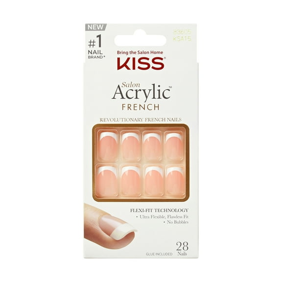 KISS Salon Acrylic Short Squoval Press on Nails with Glue, White French, 28 Pieces