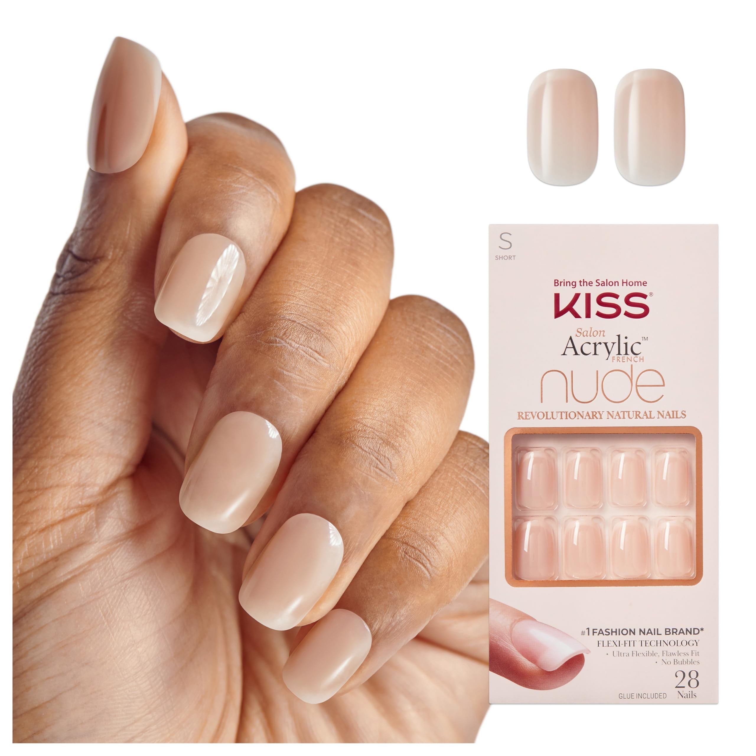 KISS Salon Acrylic French Tip Press On Nails, 'Chic Beats', Natural Nude, Short Squoval, Nail Kit with 28 Fake Nails, Pink Gel Nail Glue (2g), Mini Nail File, & Manicure Stick E22