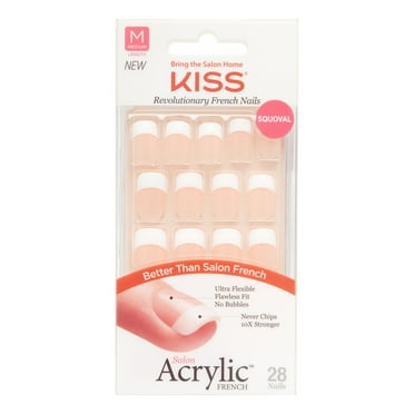 KISS Salon Acrylic Medium Squoval Press-On Nails with Glue, Nude French, 28 Pieces