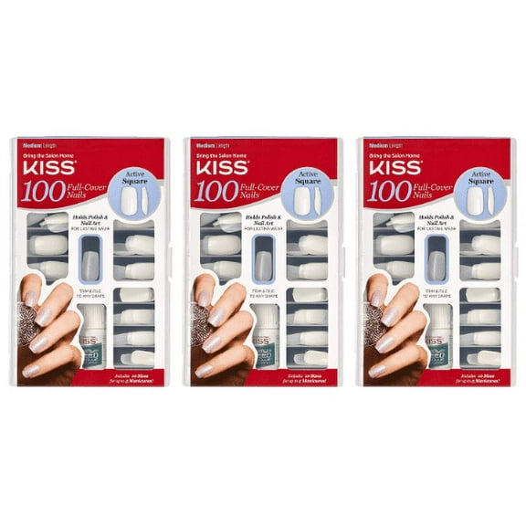 KISS Salon Acrylic Natural Nails - 100 Piece Kit Active Square - 100PS12 3-Pack