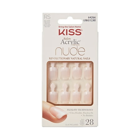 Kiss Salon Acrylic Short Squoval Press-on Nails with Glue, Nude French, 28 Pieces