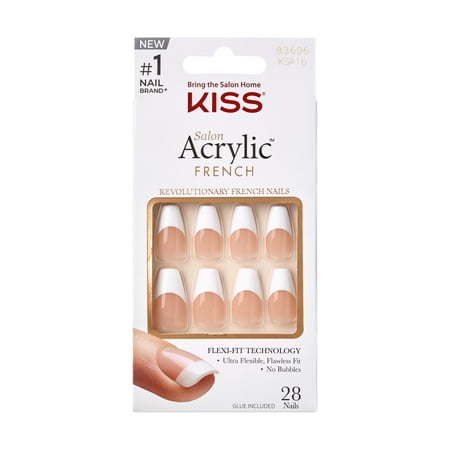 KISS Salon Acrylic Medium Coffin Press on Nails with Glue, White French, 28 Pieces