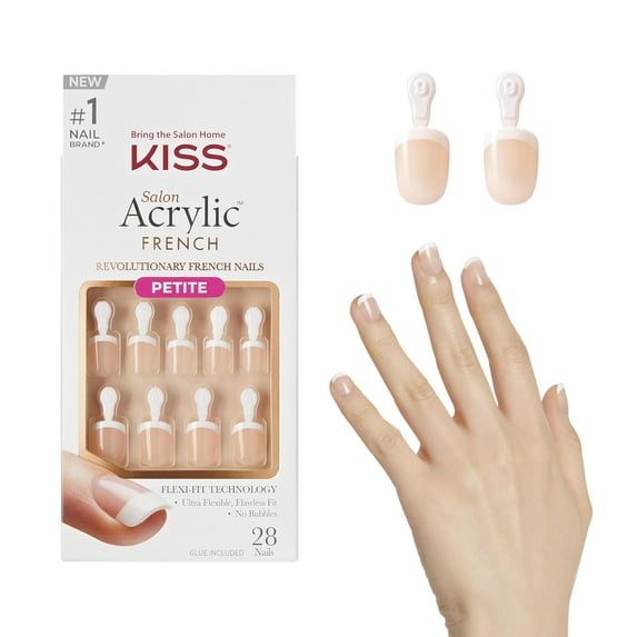 KISS Salon Acrylic, Press-On Nails, Nail glue included, 'Crush Hour', French, Petite Size, Squoval Shape, Includes 28 Nails, 2g Glue, 1 Manicure Stick, 1 Mini File E22