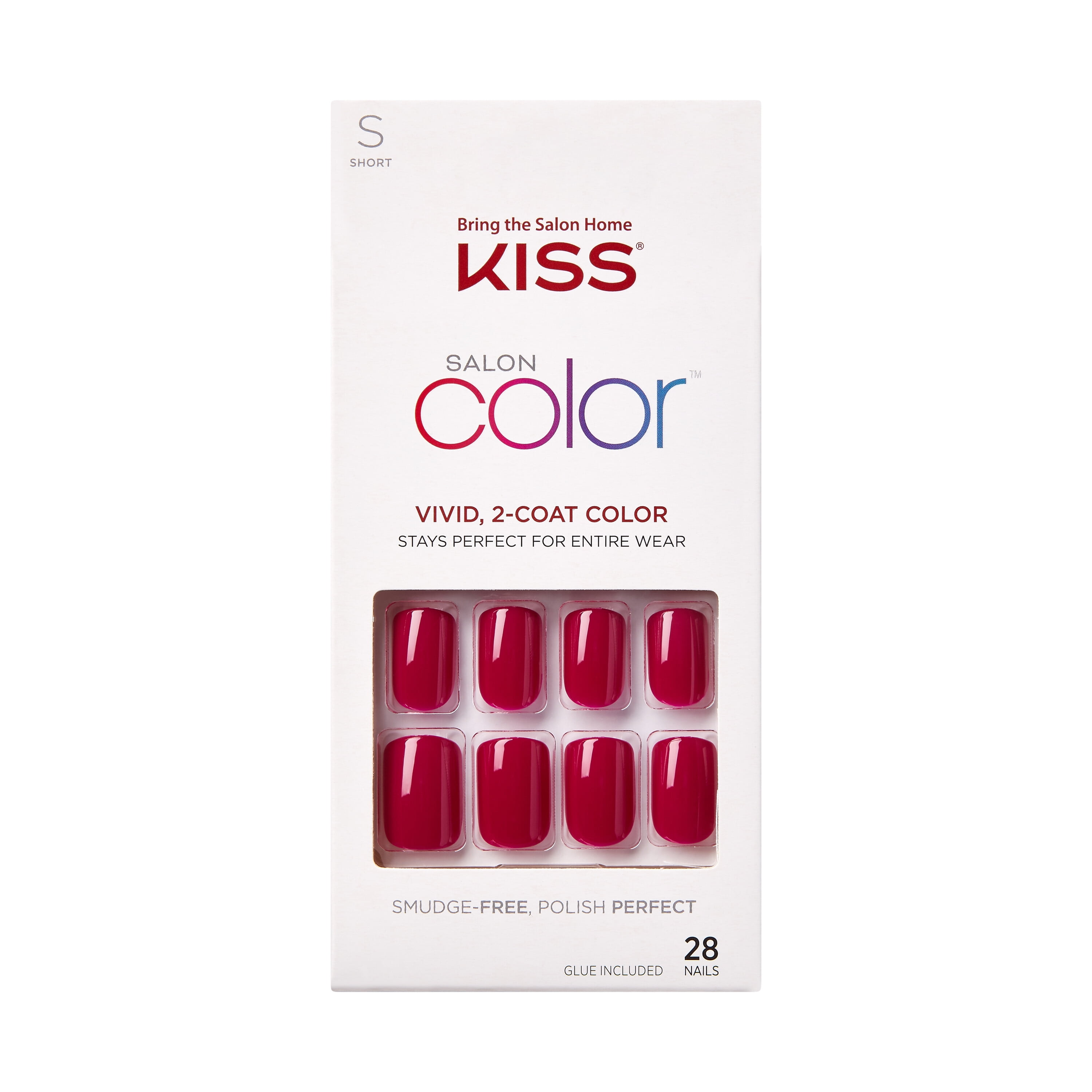 KISS Salon Color Fake Nails, Red, Short Square, ‘No Direction’, 31 Ct.