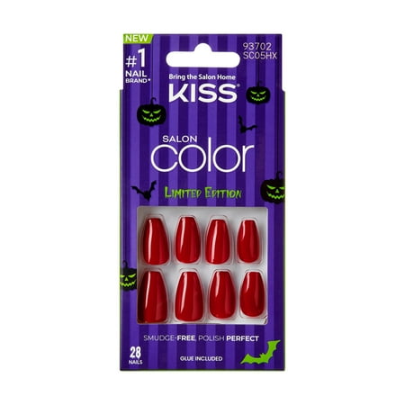 KISS Salon Color, Press On Nails, I Love PSL, Red, Medium Coffin, 24 Count