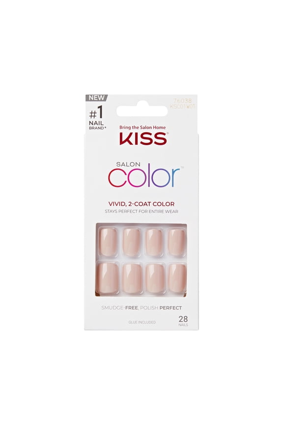 Salon Color Short Square Press-on Nails with Glue, Beige Solid, 28 Pieces