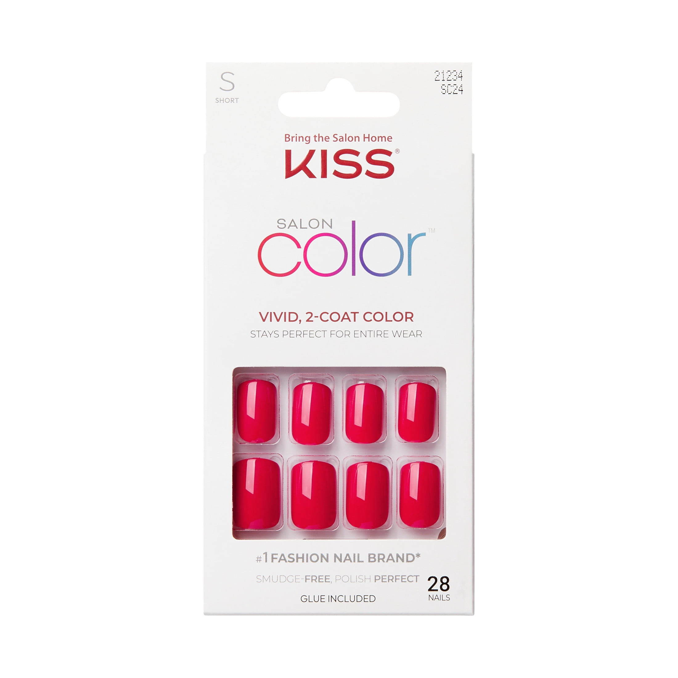 KISS Salon Color Press On Glue Nails , 'Truthful', Solid Red, Short Oval, 28 Count
