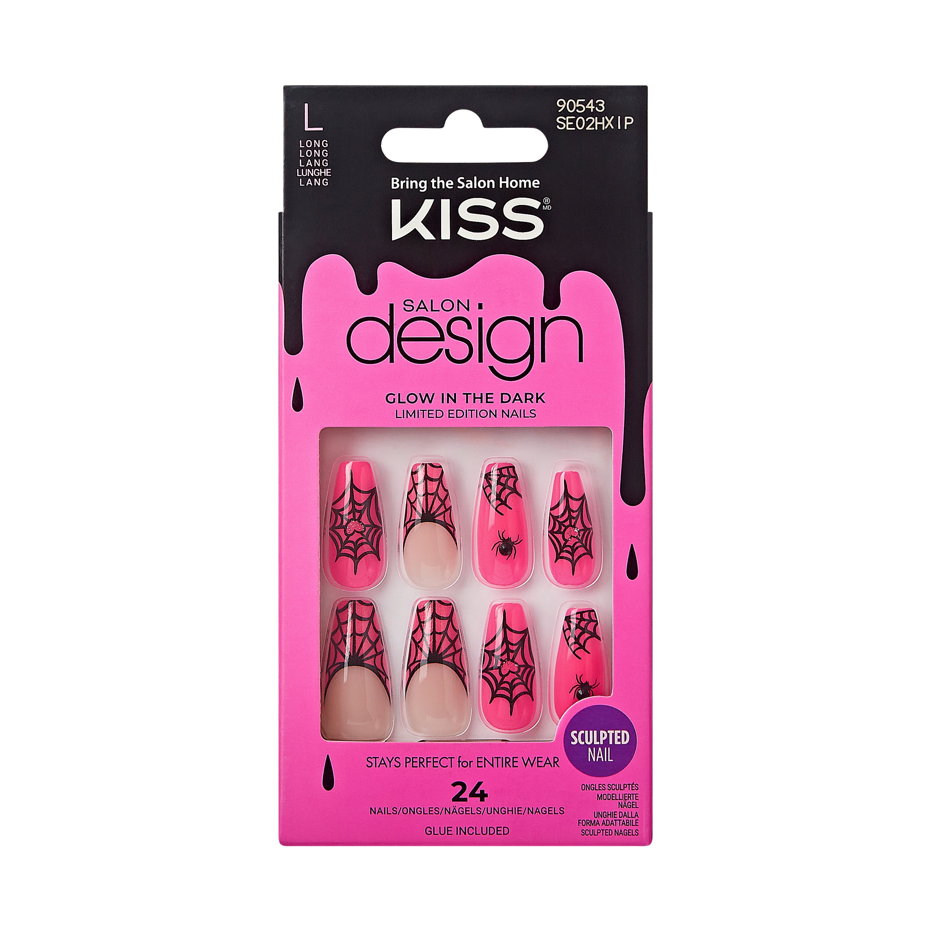 KISS Salon Design Halloween Fake Nails, Pink, Long Length, Coffin Shape, 'Night Crawlers', 27 Ct.