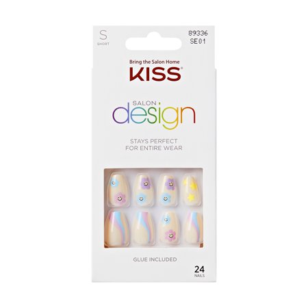 KISS Salon Design Short Square Glue-On Nails, Glossy Light Blue, 24 Count