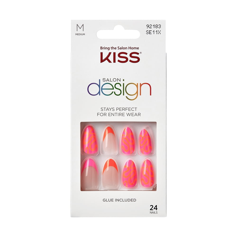 KISS Salon Design Press-On Nails, 'Mood on fleek', Pink, Medium Almond, 27 Ct.