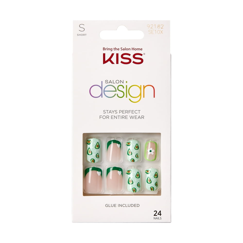 KISS Salon Design Press-On Nails, 'No cap', Green, Short Square,, 27 Ct ...