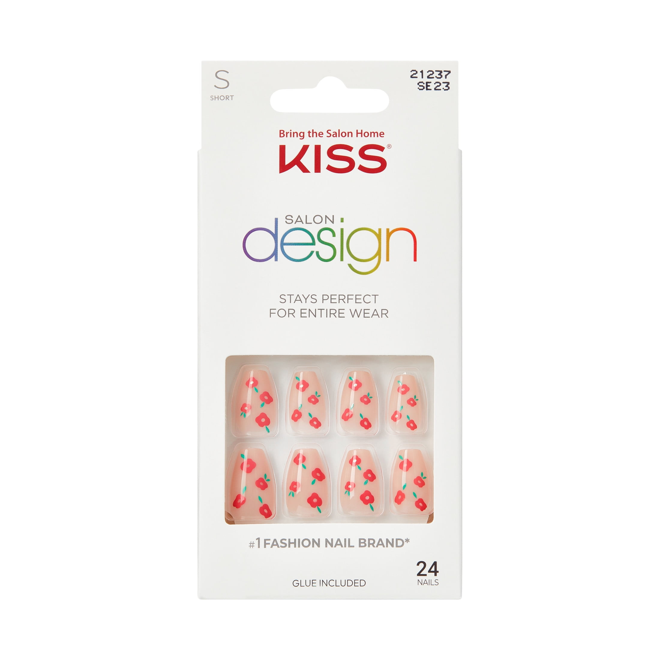 KISS Salon Design Press On Nails, Boldly Glitzy, Red, Short Coffin, 24 Count