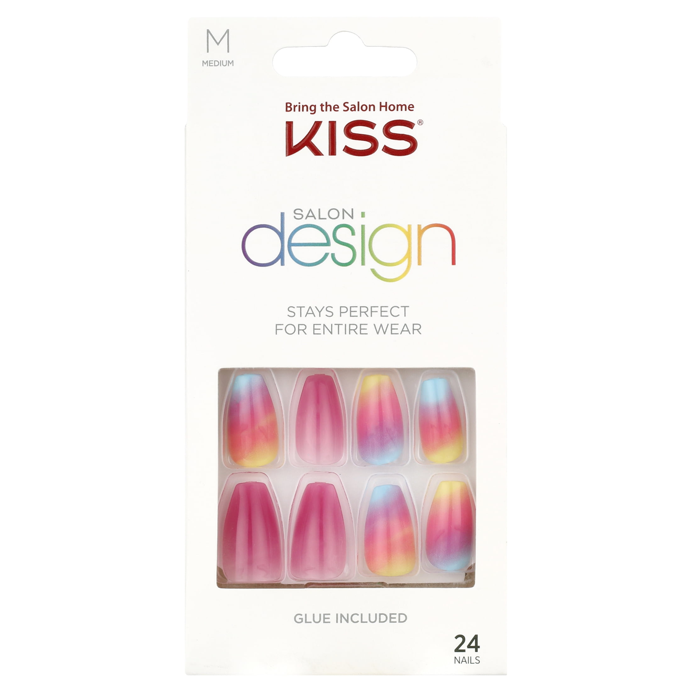 KISS Salon Design Short Coffin Glue-On Nails, Glossy Light Multicolored ...