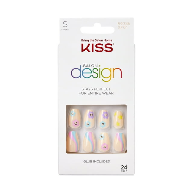 KISS Salon Design Short Square GlueOn Nails, Glossy Light Blue, 24